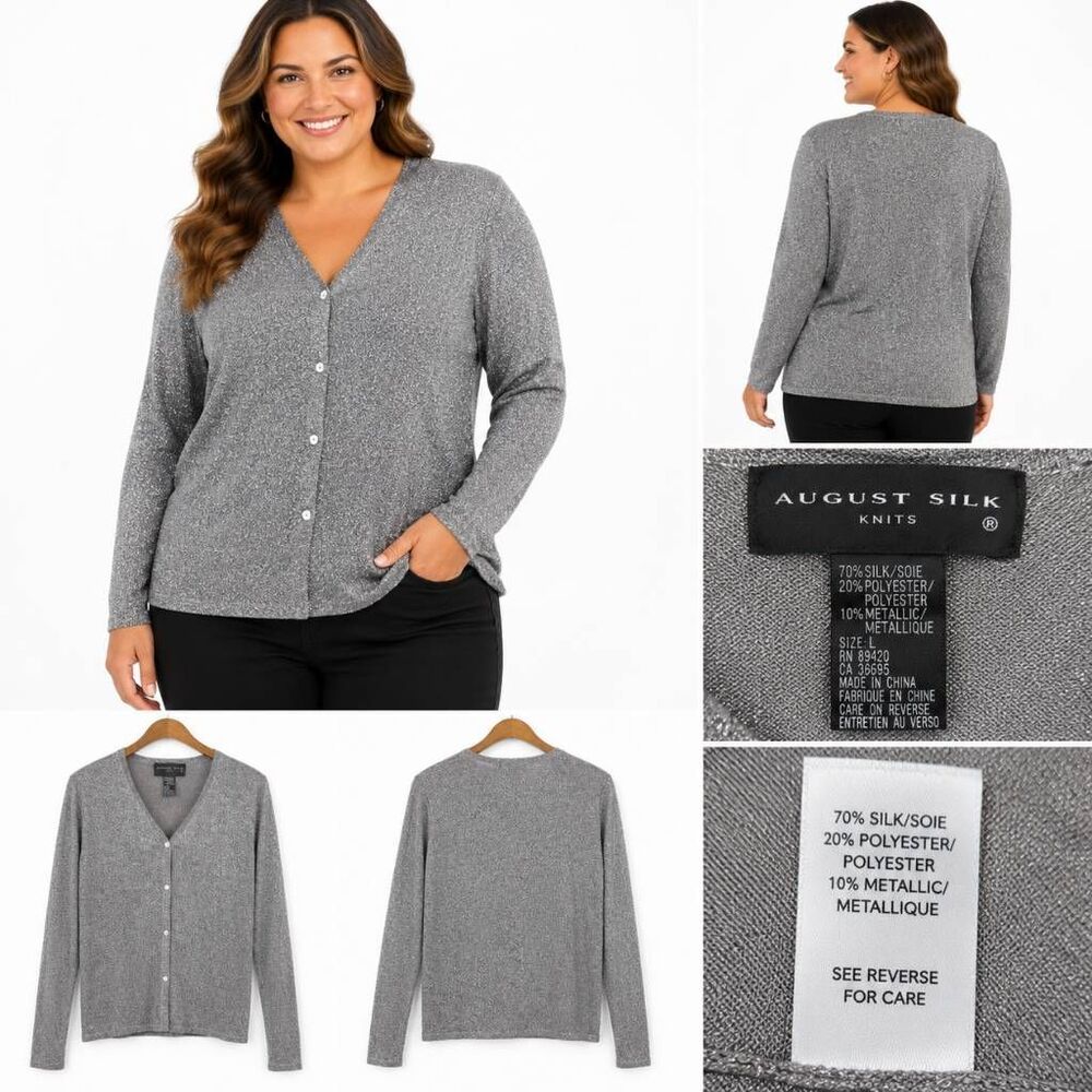 August Silk Silver Metallic Silk Blend Cardigan Large